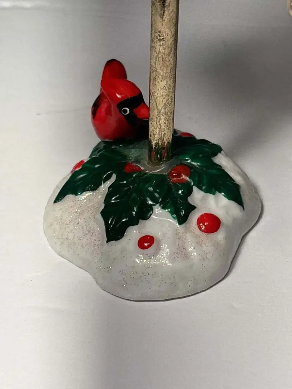 Vintage Ceramic Cardinal Birdhouse Trinket Box on Snowy Holly Post